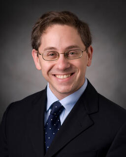 Headshot of Professor Howard Salis, wearing a dark navy suit, light blue shirt, and a patterned tie, smiling against a neutral gray background.